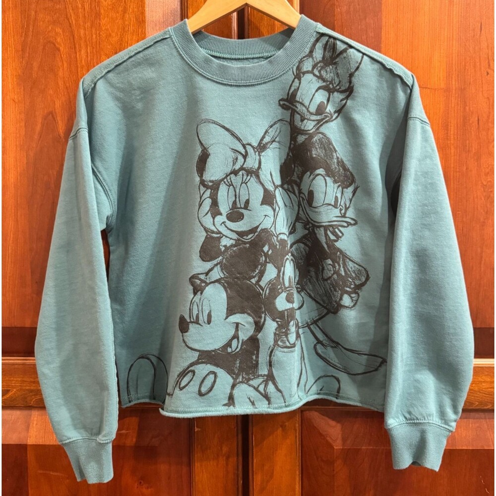 Disney Mickey & Friends Blue Green Cropped Graphic Sweatshirt Size Small
